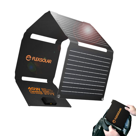 FlexSolar 40W foldable panel front view for off-grid charging on hikes