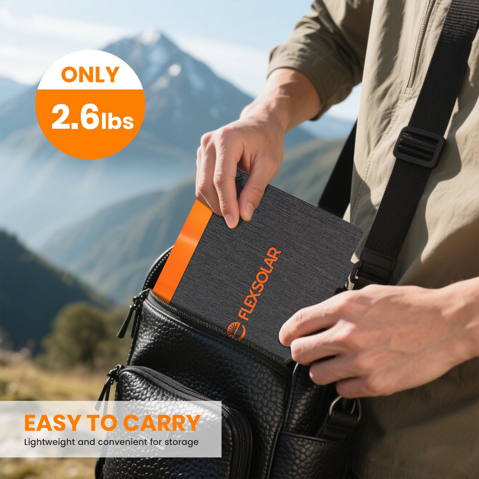 FlexSolar panel strapped to a backpack during a hiking trip.