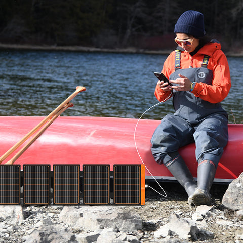 FlexSolar DC output powers small power stations and battery packs.