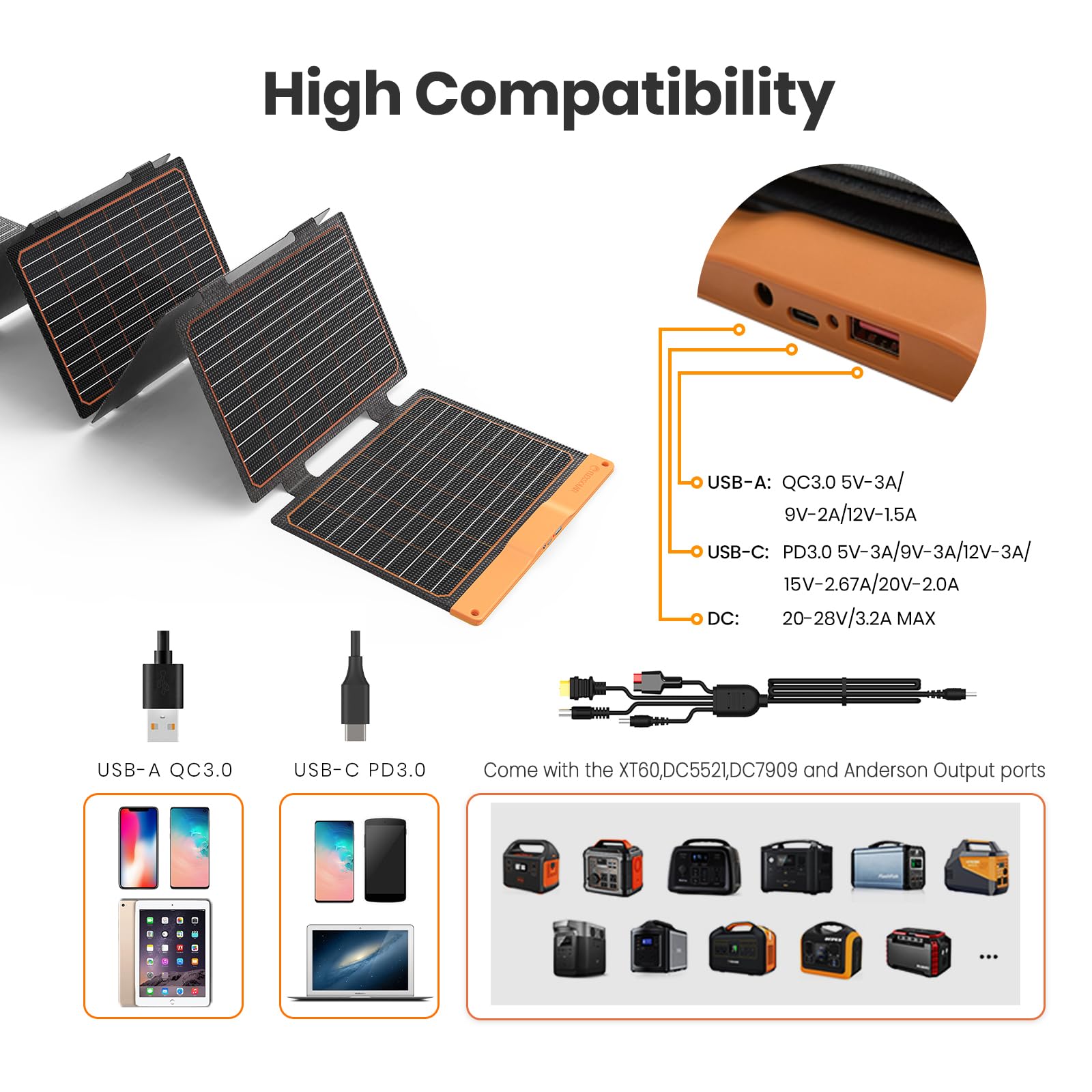FlexSolar USB-A QC3.0 port provides quick top-ups for devices.
