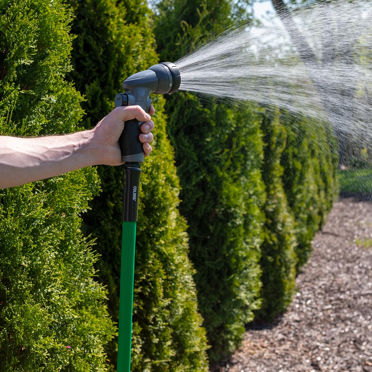 Flexzilla Colors all-weather flexibility helps watering in sun, rain, or cold.