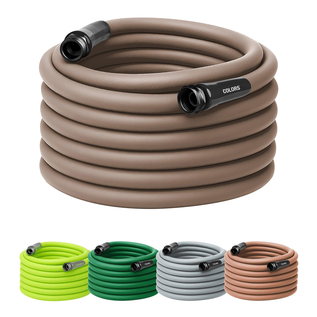 Flexzilla Colors garden hose coiled in brown mulch shade for easy storage and quick use