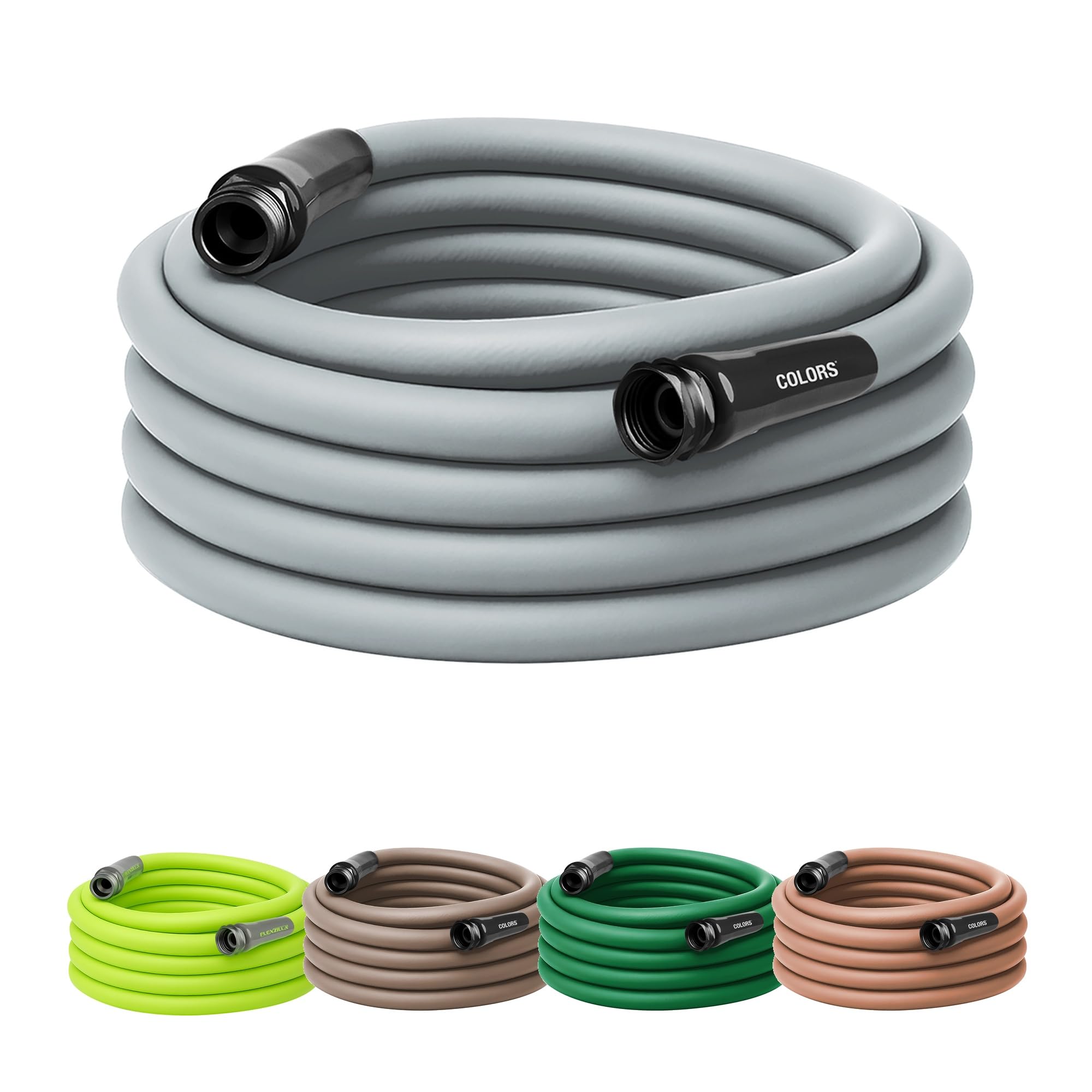 Flexzilla Colors garden hose slate-gray coil demonstrates kink-free flexibility for easy storage.