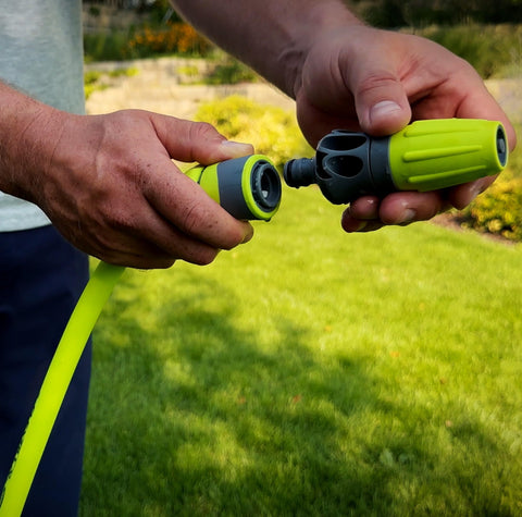 Close-up of Flexzilla Flow-Stop coupler showing spray-free connection.