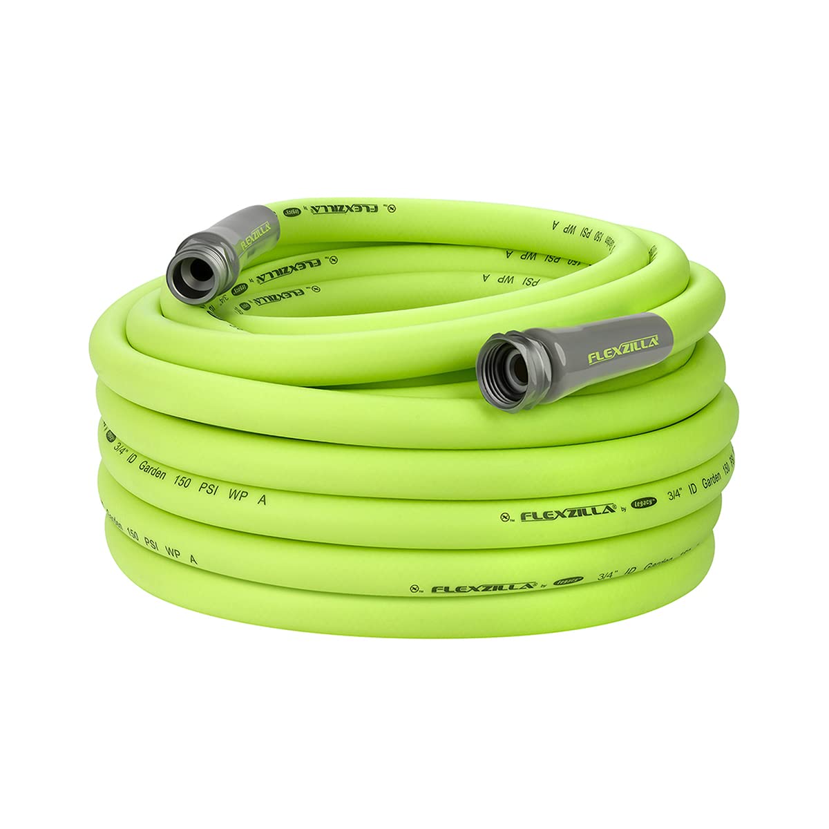 Flexzilla garden hose 75ft coiled for compact storage and quick watering.