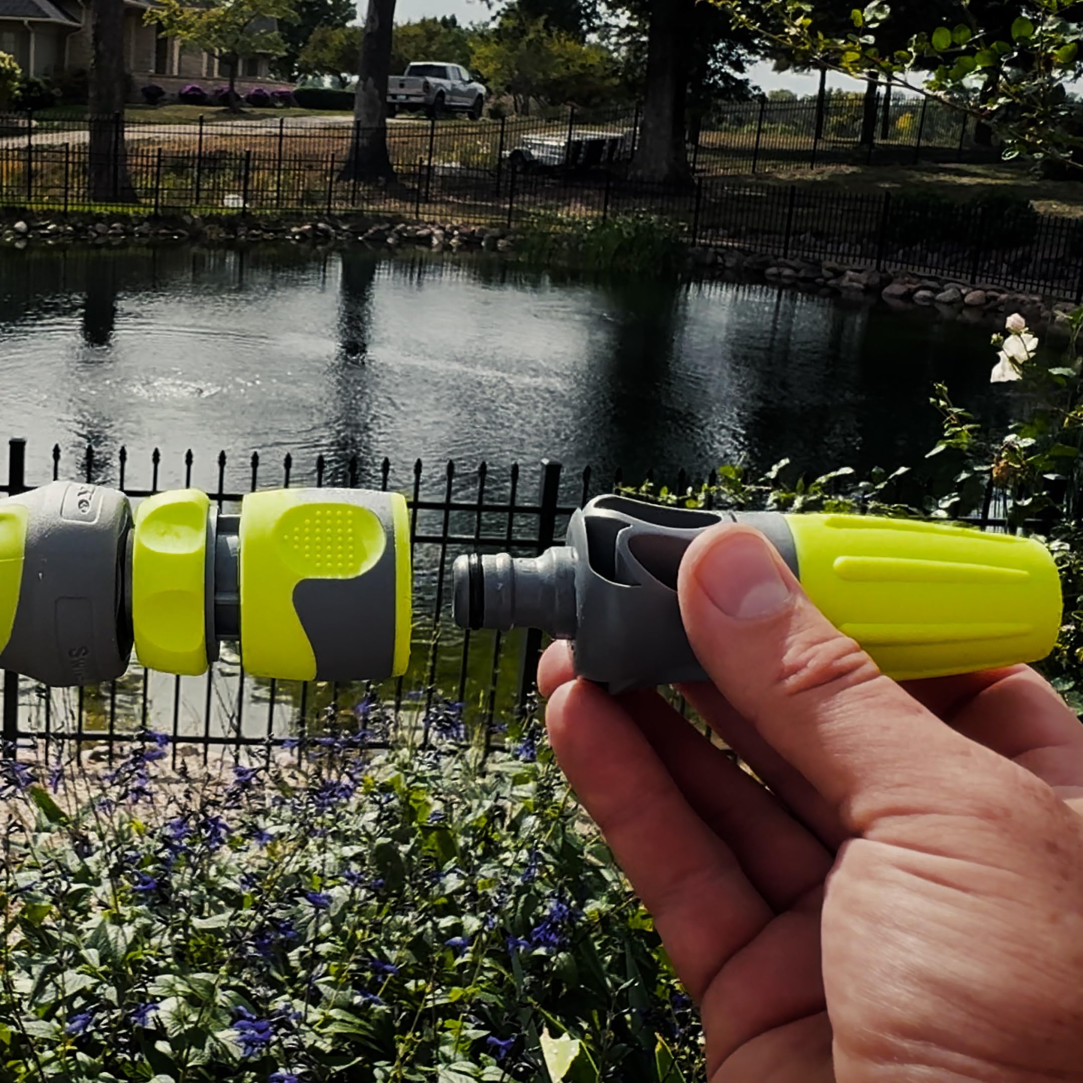 Flexzilla Jet Spray reaches up to 20 feet for distant watering.
