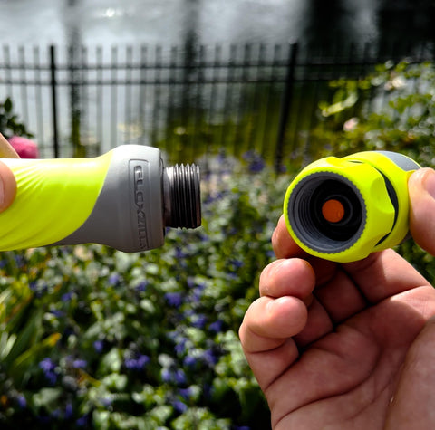 Flexzilla Quick-Connect Spray Nozzle demonstrates soft mist for delicate plants.