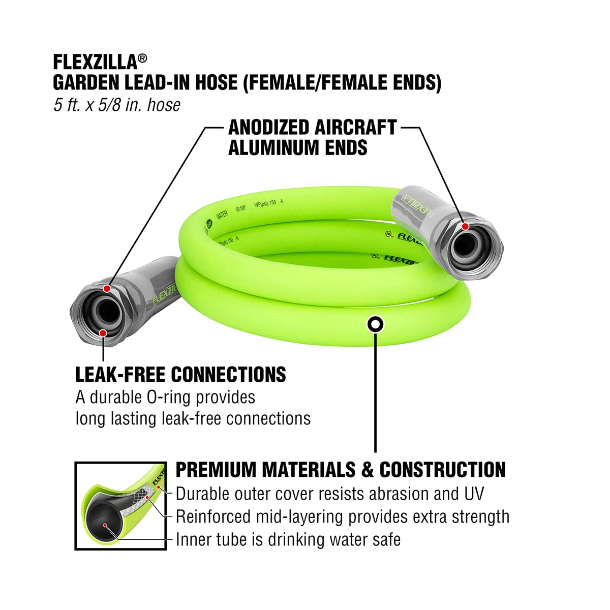 Flexzilla 5ft lying-flat hose reduces kinks and tangles.