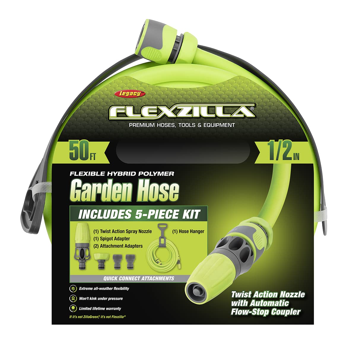 Flexzilla HFZG12050QN hose with nozzle shows smooth flow for precise watering.