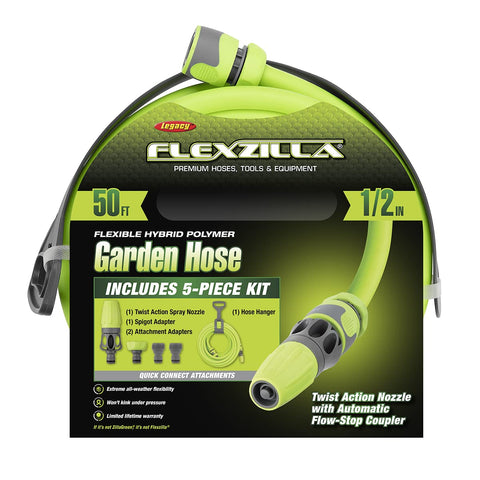 Flexzilla HFZG12050QN hose with nozzle shows smooth flow for precise watering.