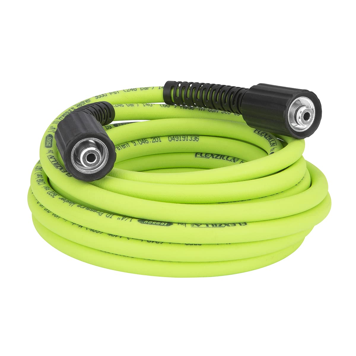 Flexzilla HFZPW36425M-E 3600 psi hose in ZillaGreen displayed coiled for storage and visibility