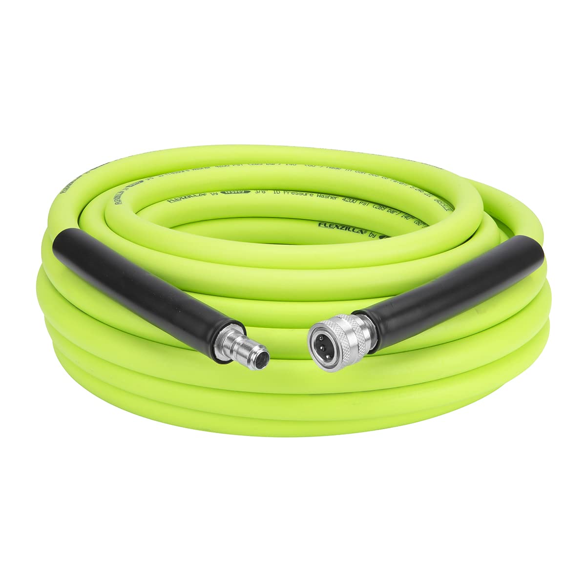 Flexzilla HFZPW426050Q-E 50 ft green hose stays flexible under pressure for easier rinsing.