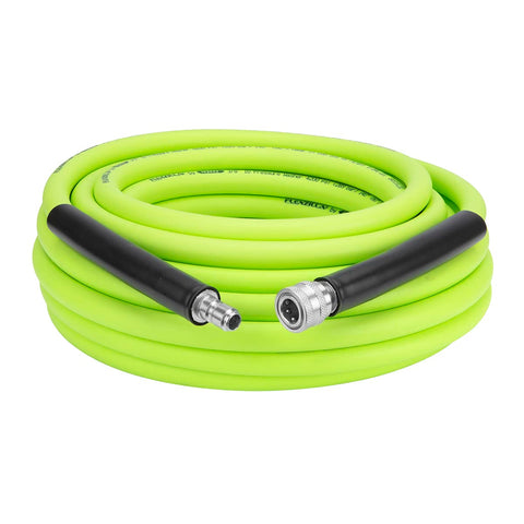Flexzilla HFZPW426050Q-E 50 ft green hose stays flexible under pressure for easier rinsing.