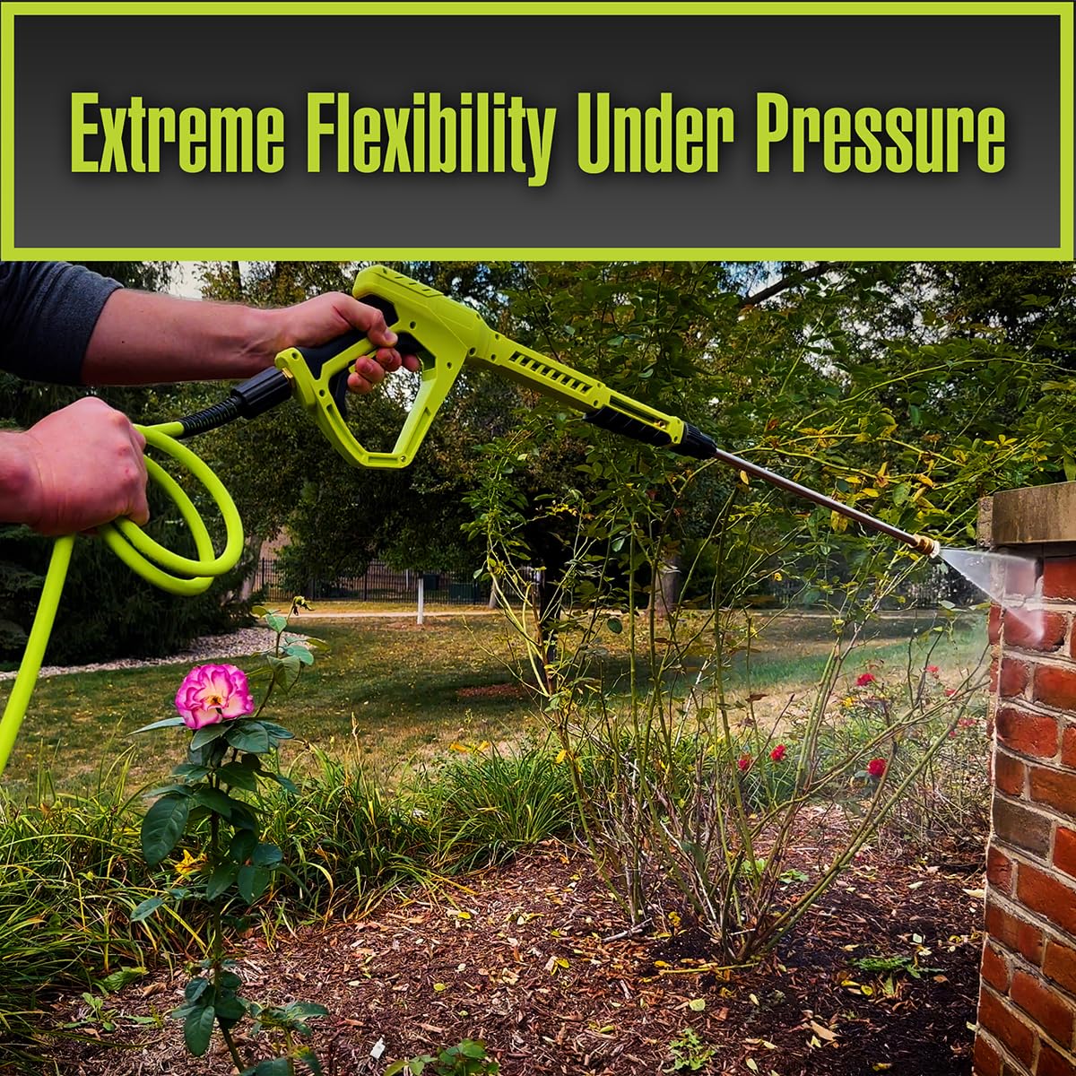 Flexzilla HFZPW426050Q-E non-kink bend restrictor helps navigate corners smoothly.