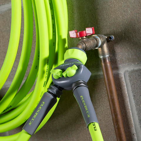 Flexzilla green-gray colorway on hose splitter for durable outdoor use.