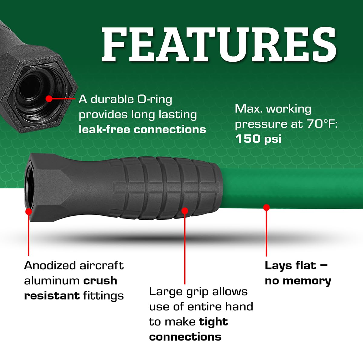 Flexzilla leak-free ends with anodized aluminum hardware stay tight under pressure.