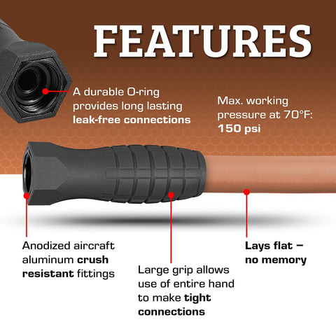 Anodized ends and O-ring ensure leak-free connections on Flexzilla hose