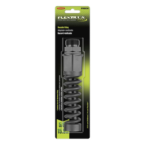 Flexzilla Pro reusable fitting assembled on hose shows length customization capability.