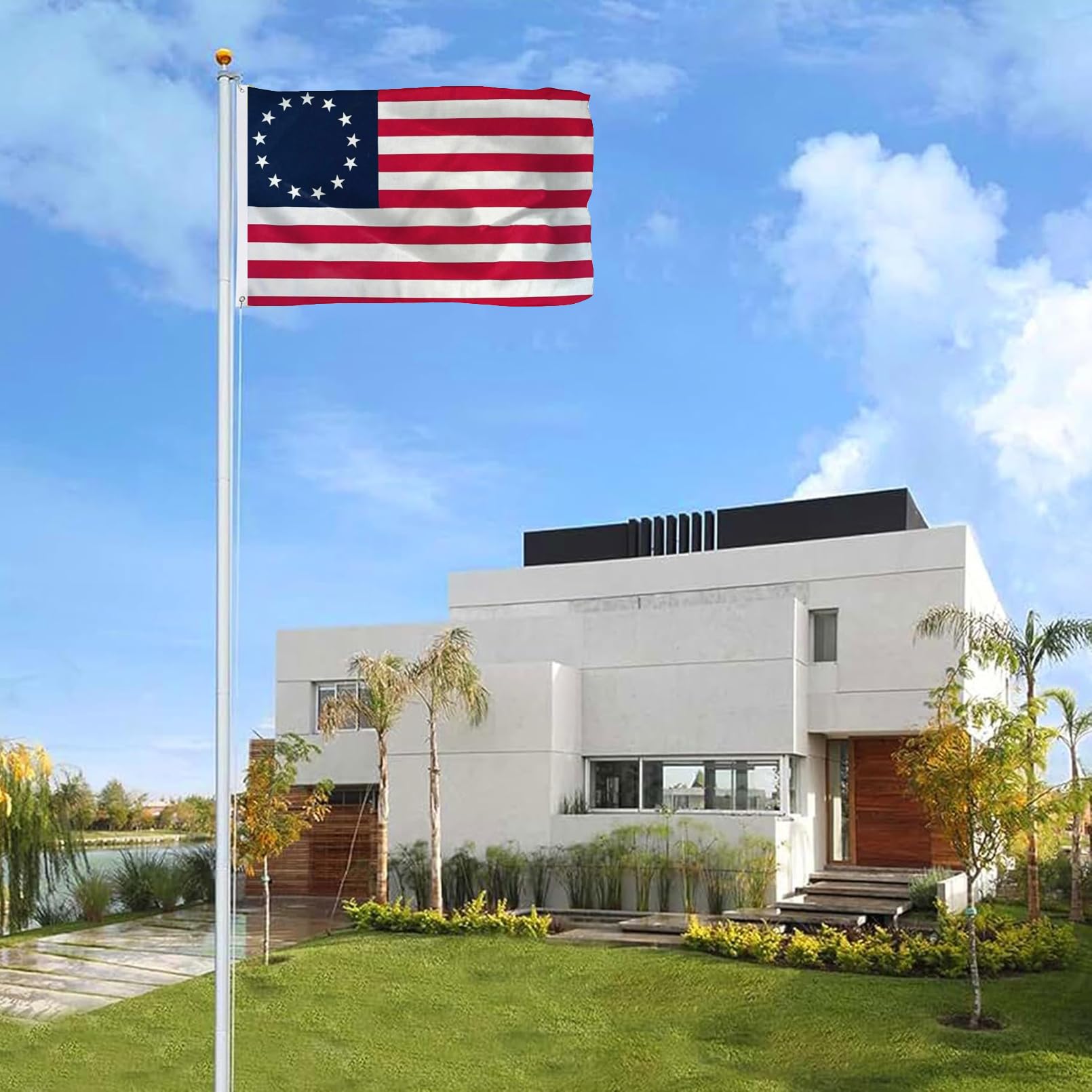 FLGCLUB Outdoor Betsy Ross flag mounted on a pole beside a home