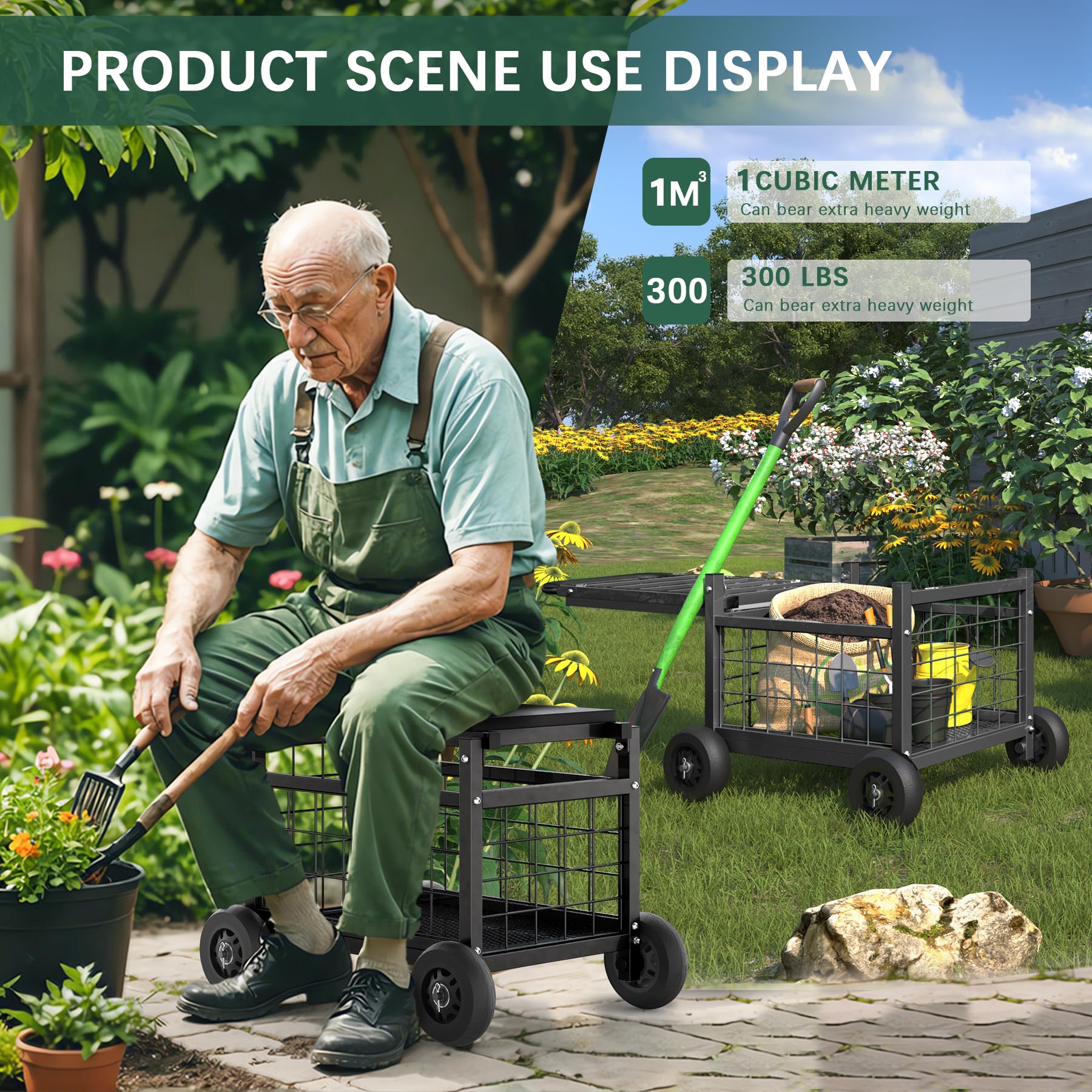 FLINTER 4-in-1 garden cart design supports seating, rolling, and transport