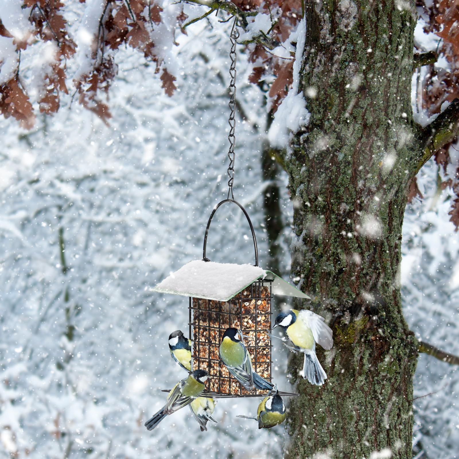 FLINTER Bird Feeder with lid open for easy refilling and cleaning.