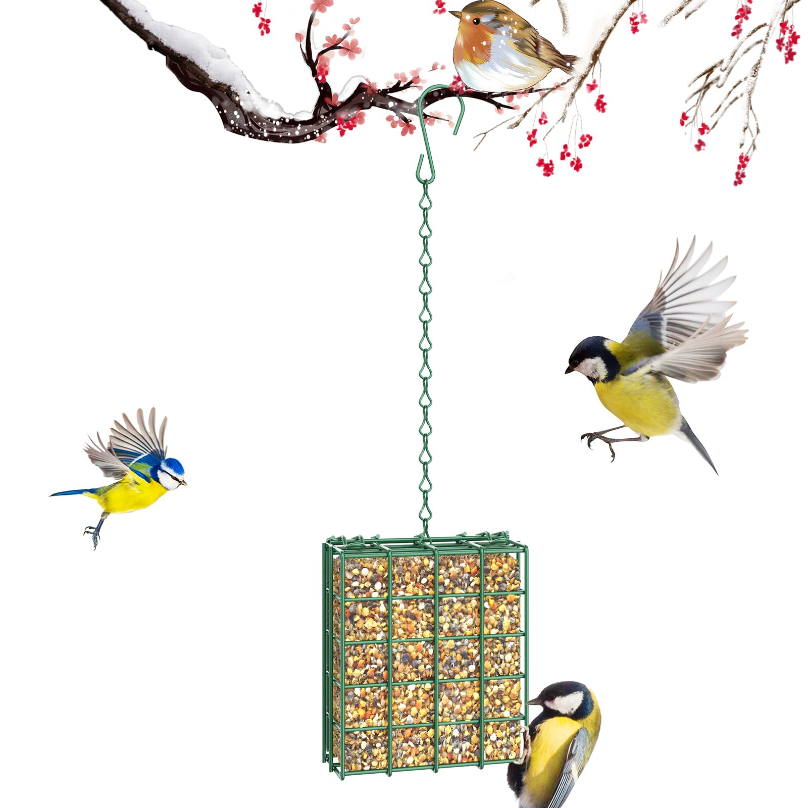 FLINTER bird feeder outdoors in green hangs from a tree for easy viewing.