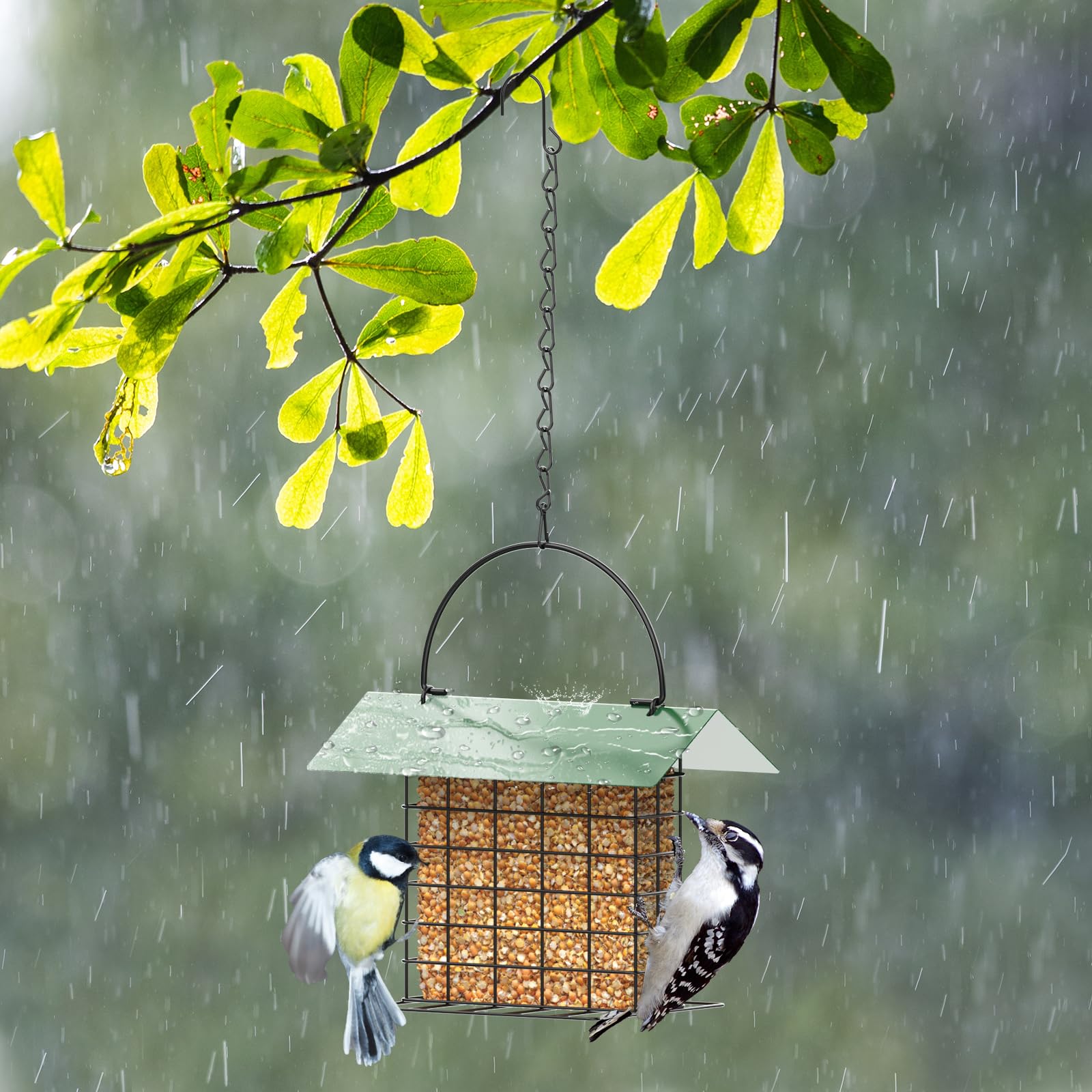 FLINTER Bird Feeder supports seed cakes, fruit, and nesting material.