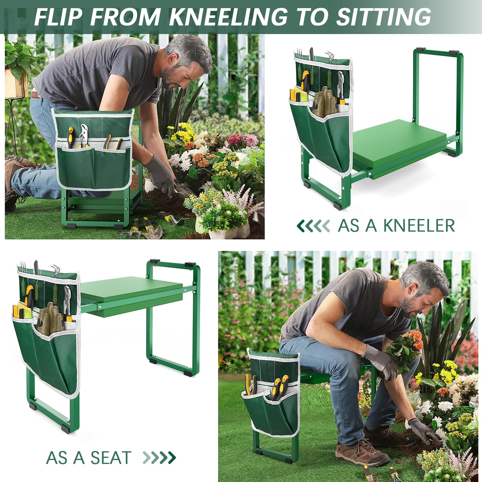 FLINTER multi-use kneeler supporting gardening, cleaning, and painting tasks.