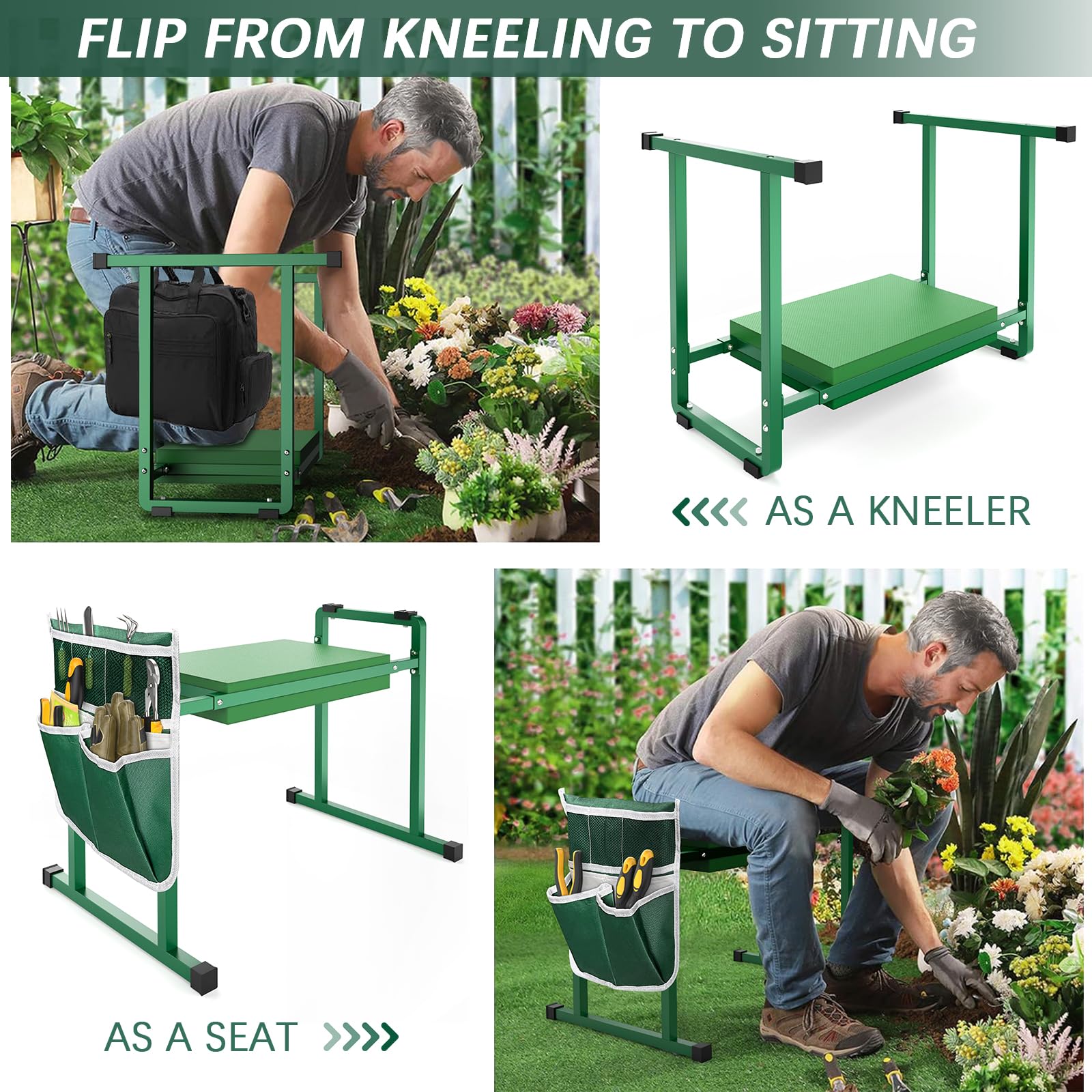 Removable tool bag with five pockets keeps gear within reach.