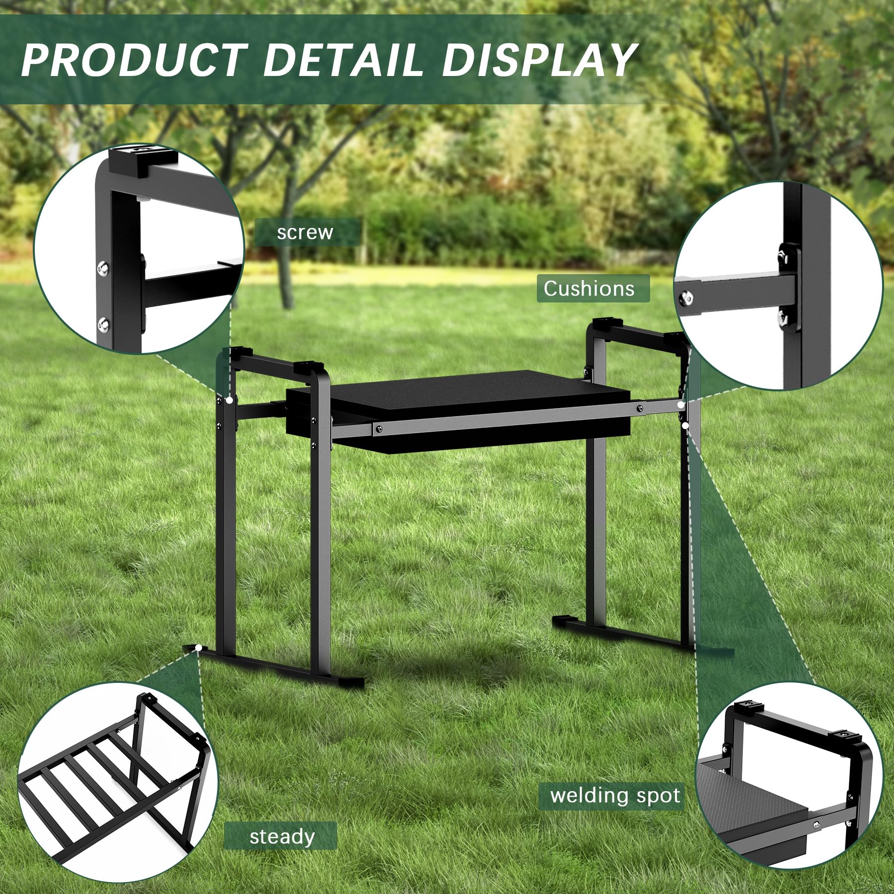 FLINTER all-metal frame enhances durability for kneeling and seating tasks.