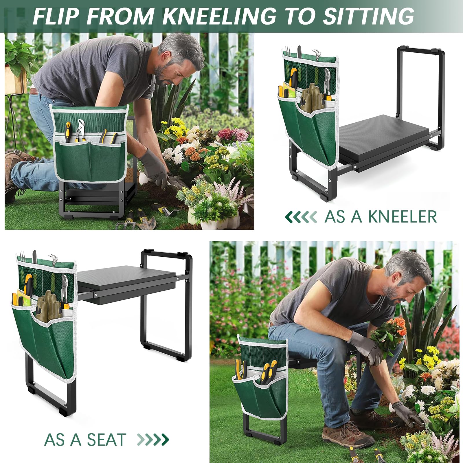 FLINTER Garden Kneeler Seat removable tool bag with five pockets keeps tools organized.