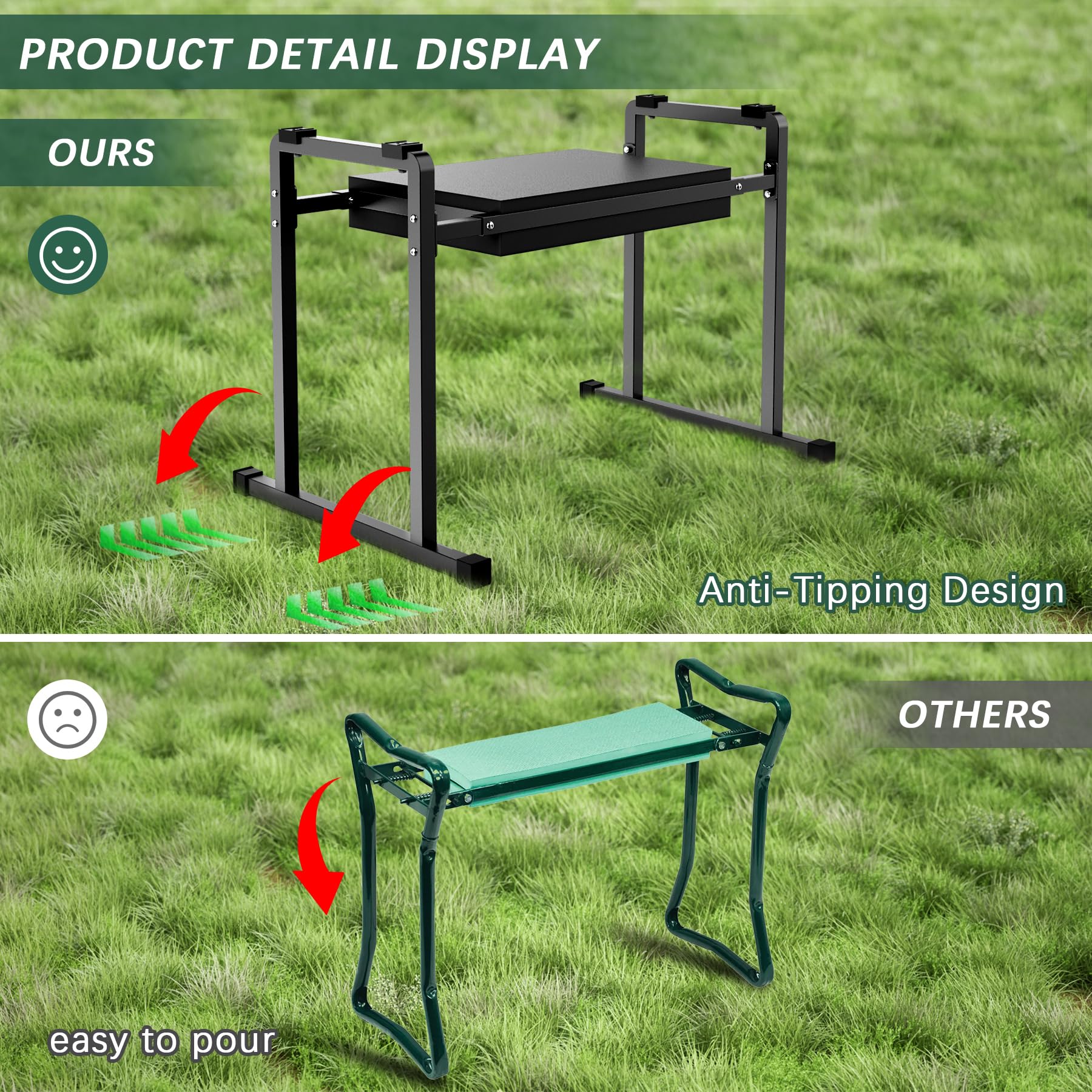 FLINTER kneeler seat reinforced steel frame supports easy standing for seniors.