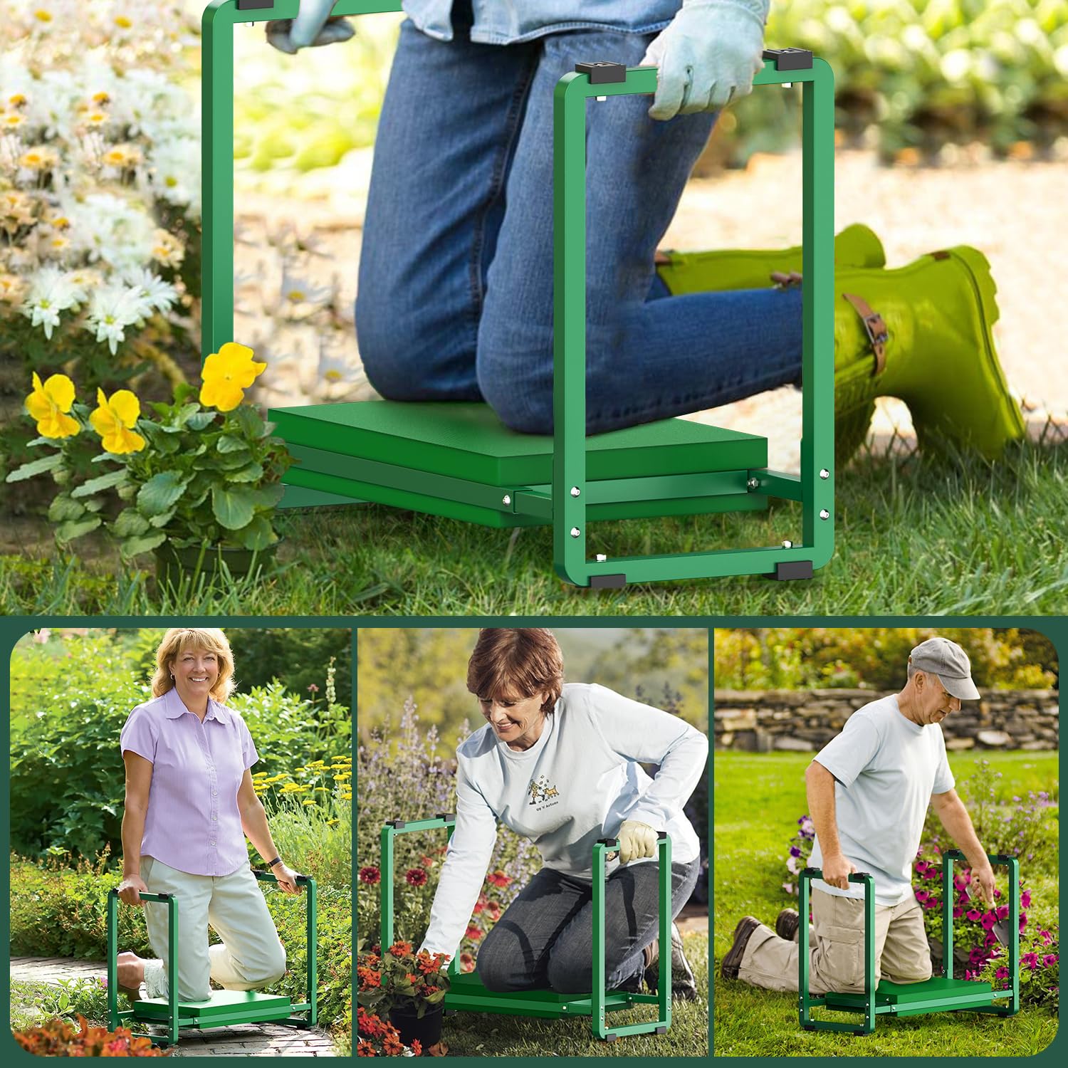 FLINTER garden kneeler side view showing ergonomic height and stability.