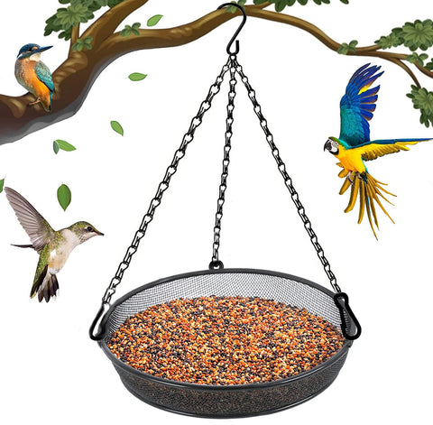 Flinter hanging bird feeder with metal mesh tray ready for garden use and steady seed flow