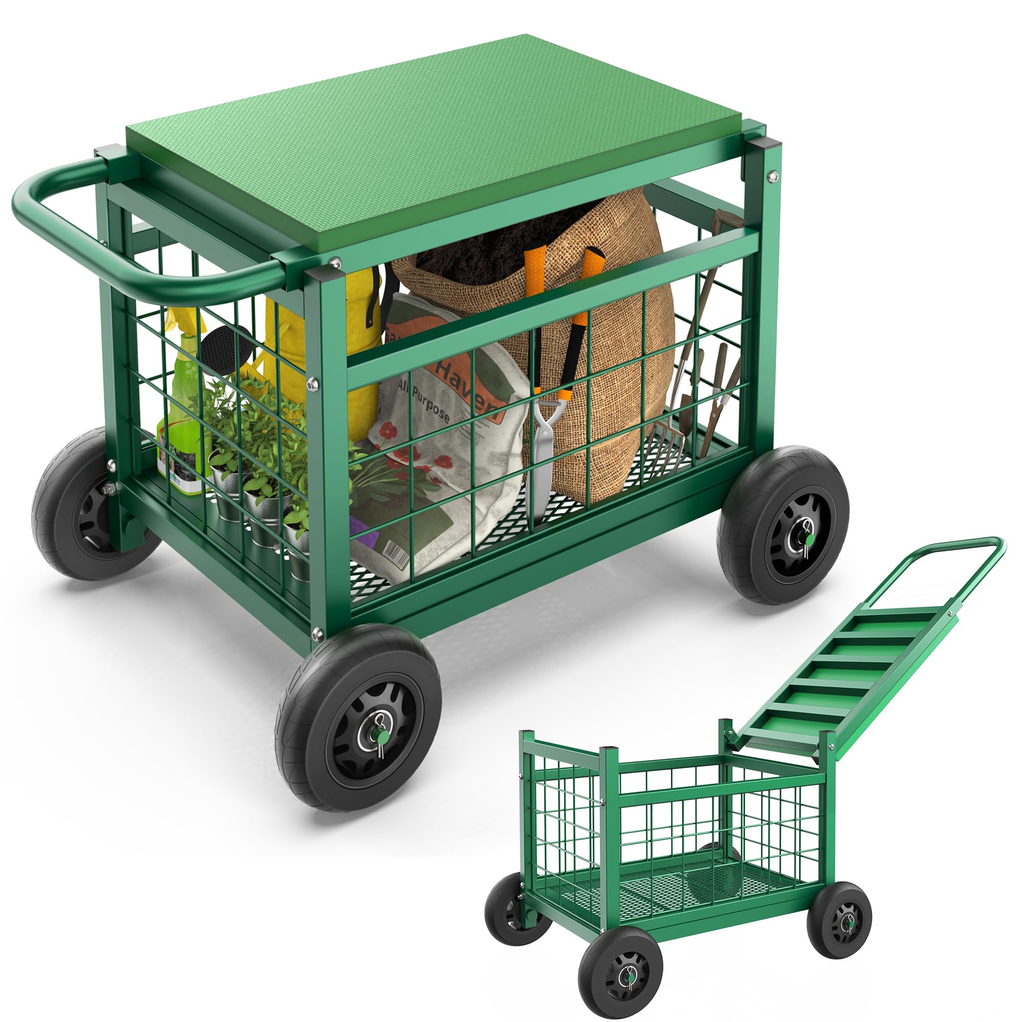 FLINTER rolling garden seat with wheels on lawn for easy mobility across uneven ground.