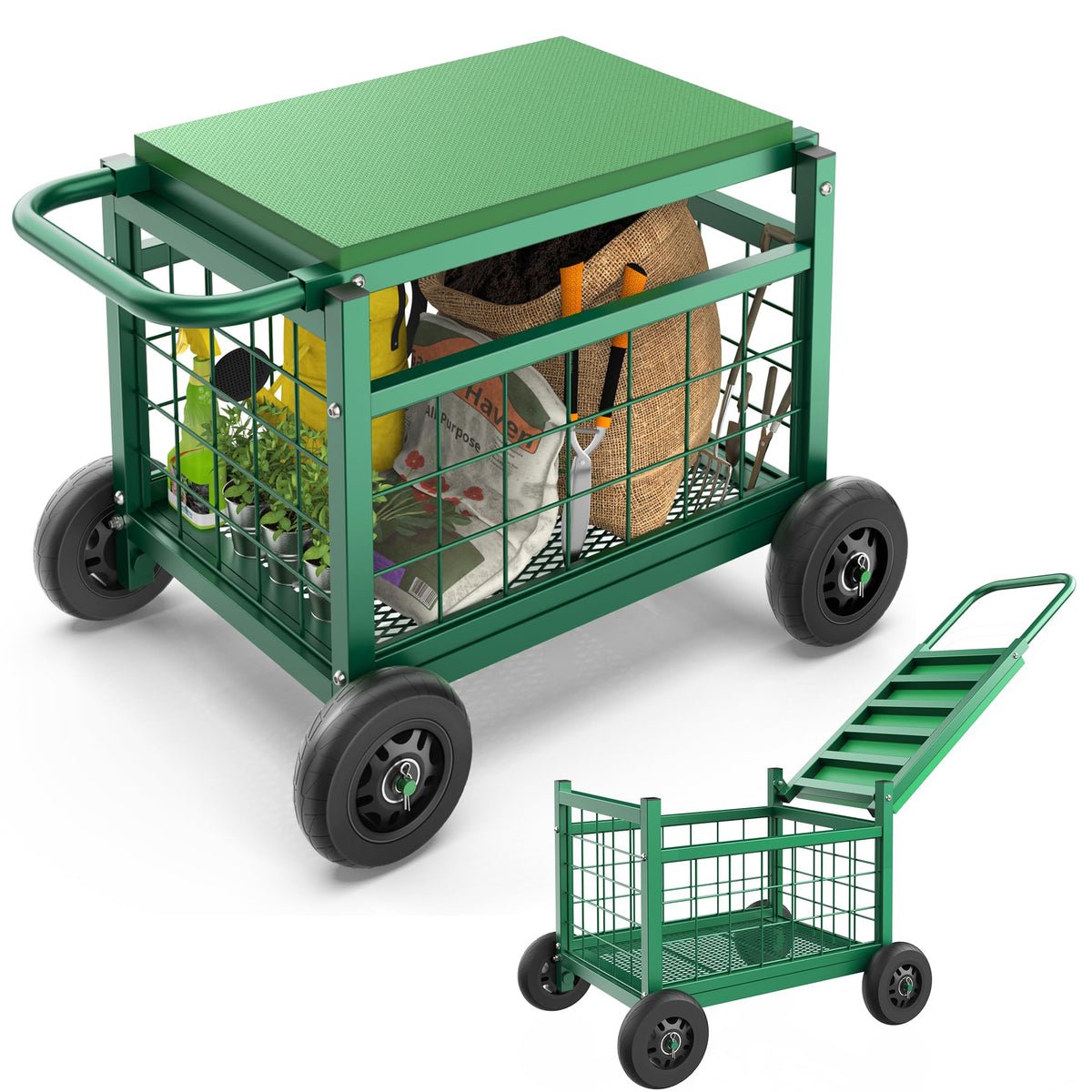 FLINTER rolling garden seat with wheels on lawn for easy mobility across uneven ground.