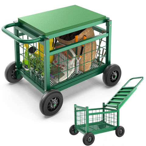 FLINTER rolling garden seat with wheels on lawn for easy mobility across uneven ground.