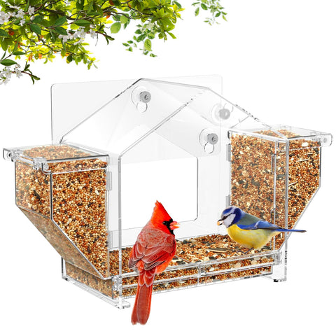 FLINTER Upgraded Window Bird Feeder with dual granary for extended seed storage