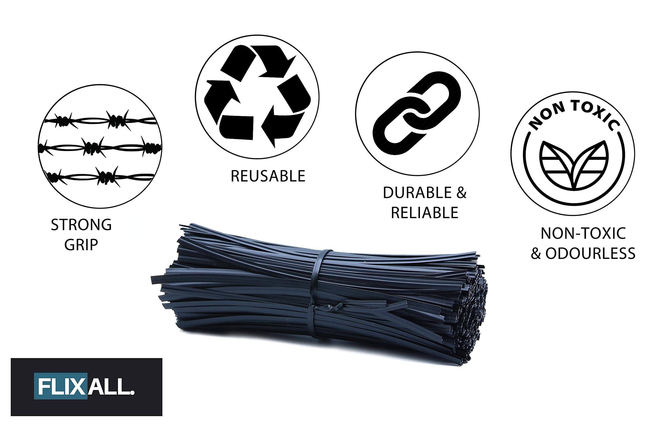 Flixall black plastic-coated ties organizing cords and cables.