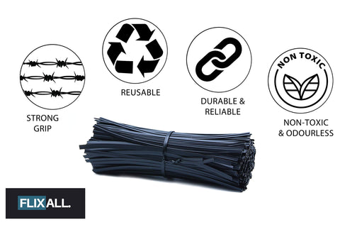 Flixall black plastic-coated ties organizing cords and cables.