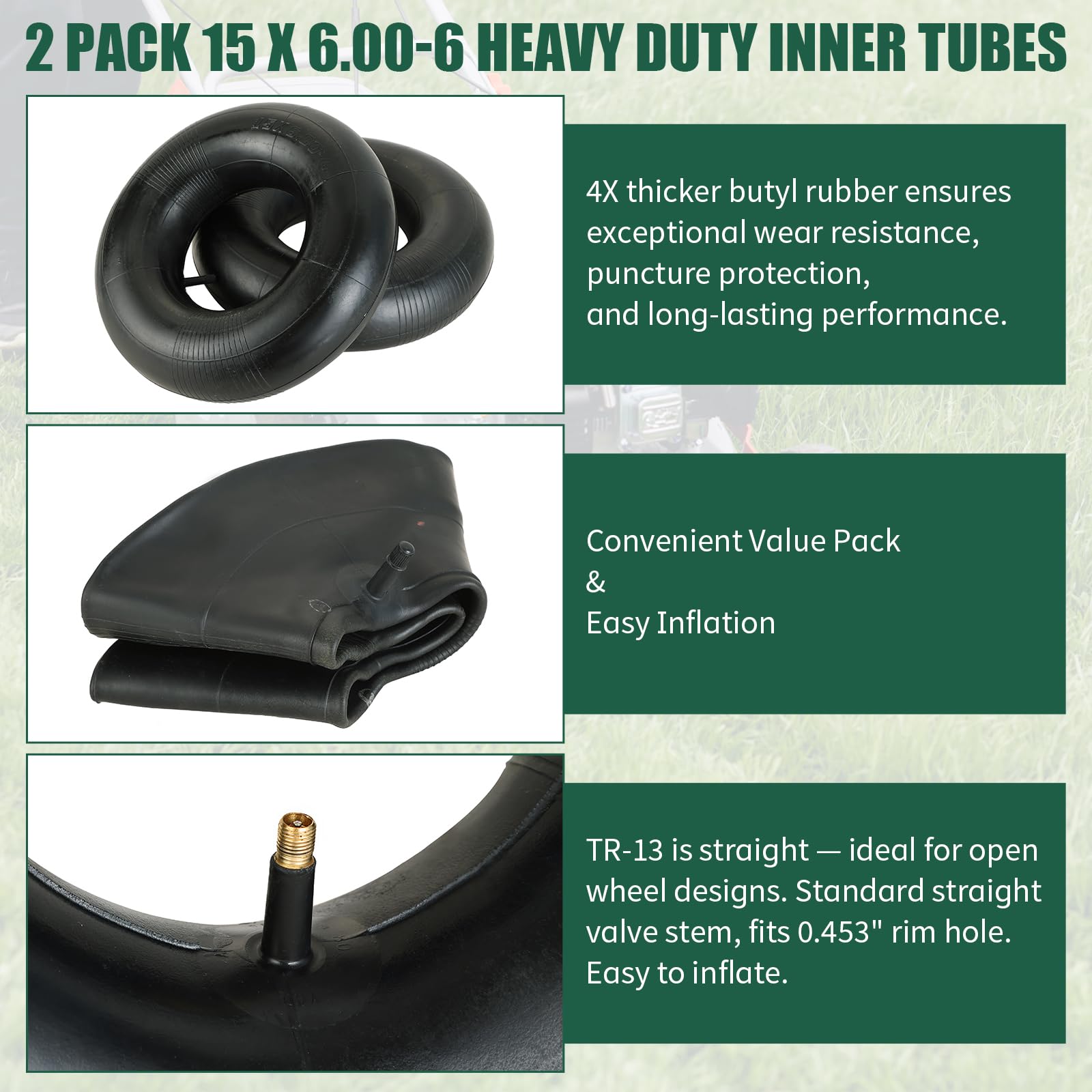 FLKQC wide compatibility inner tubes fit lawn mowers, wheelbarrows, and ATVs.