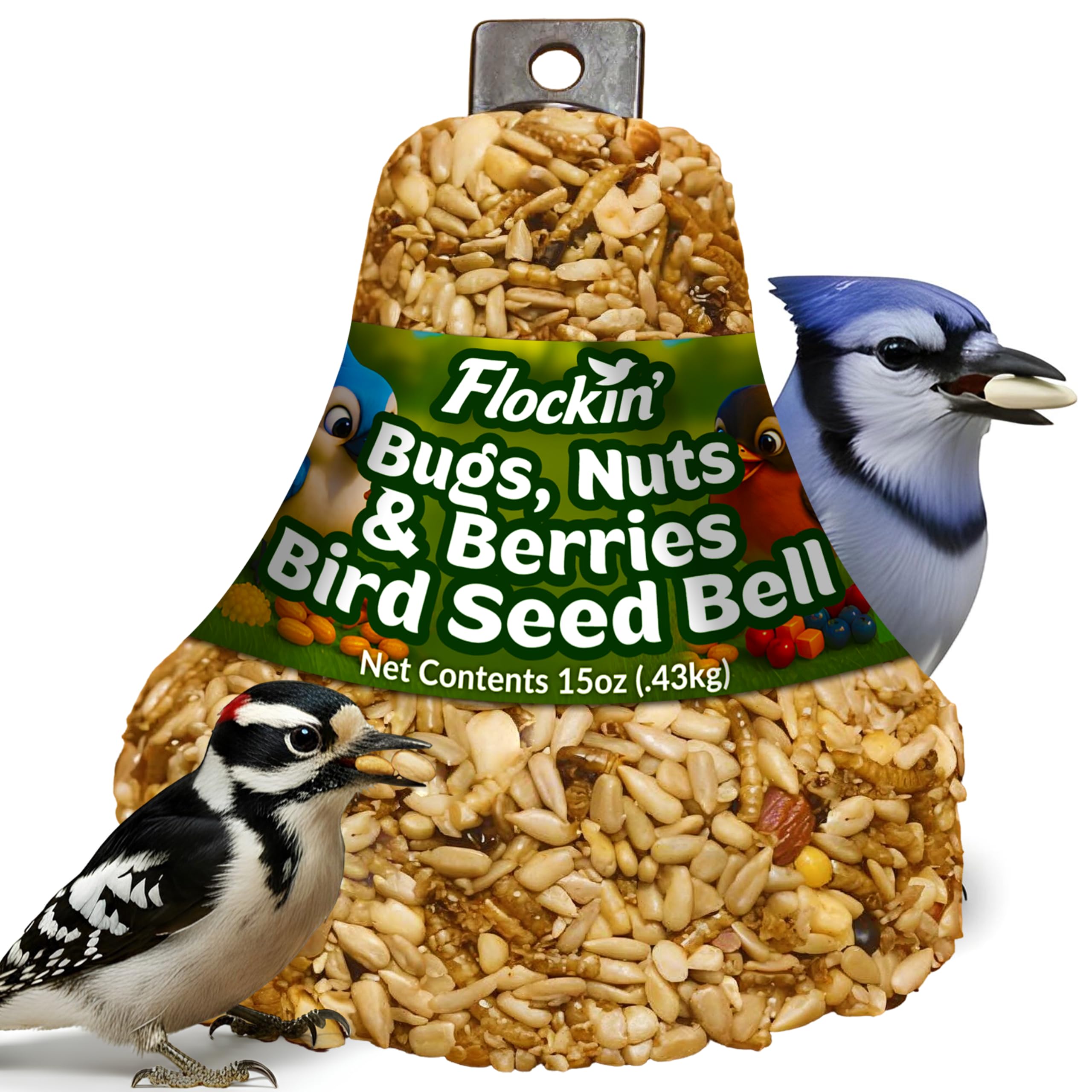Flockin' bird seed bell closeup highlighting premium ingredients for long-lasting backyard feeding.