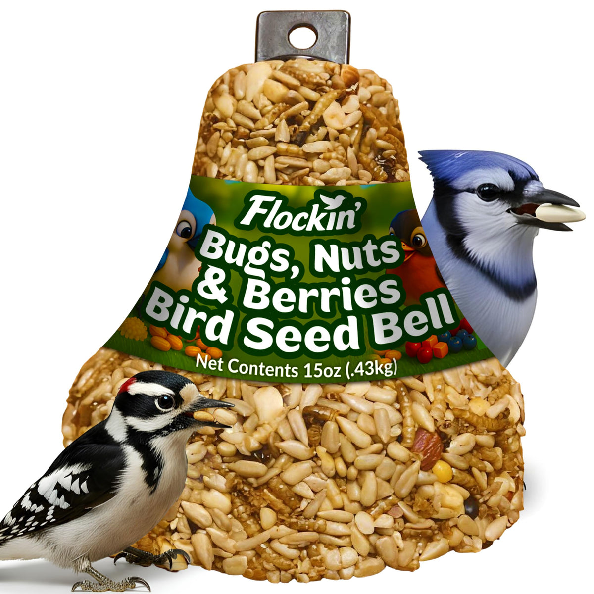 Flockin' bird seed bell closeup highlighting premium ingredients for long-lasting backyard feeding.