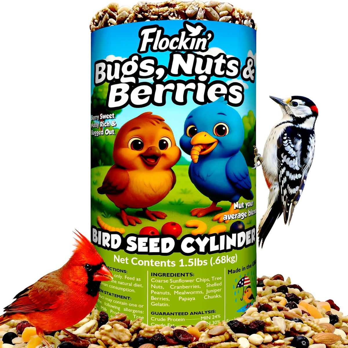 Flockin' Bugs Nuts and Berries seed cylinder with hole ready for rod feeders.