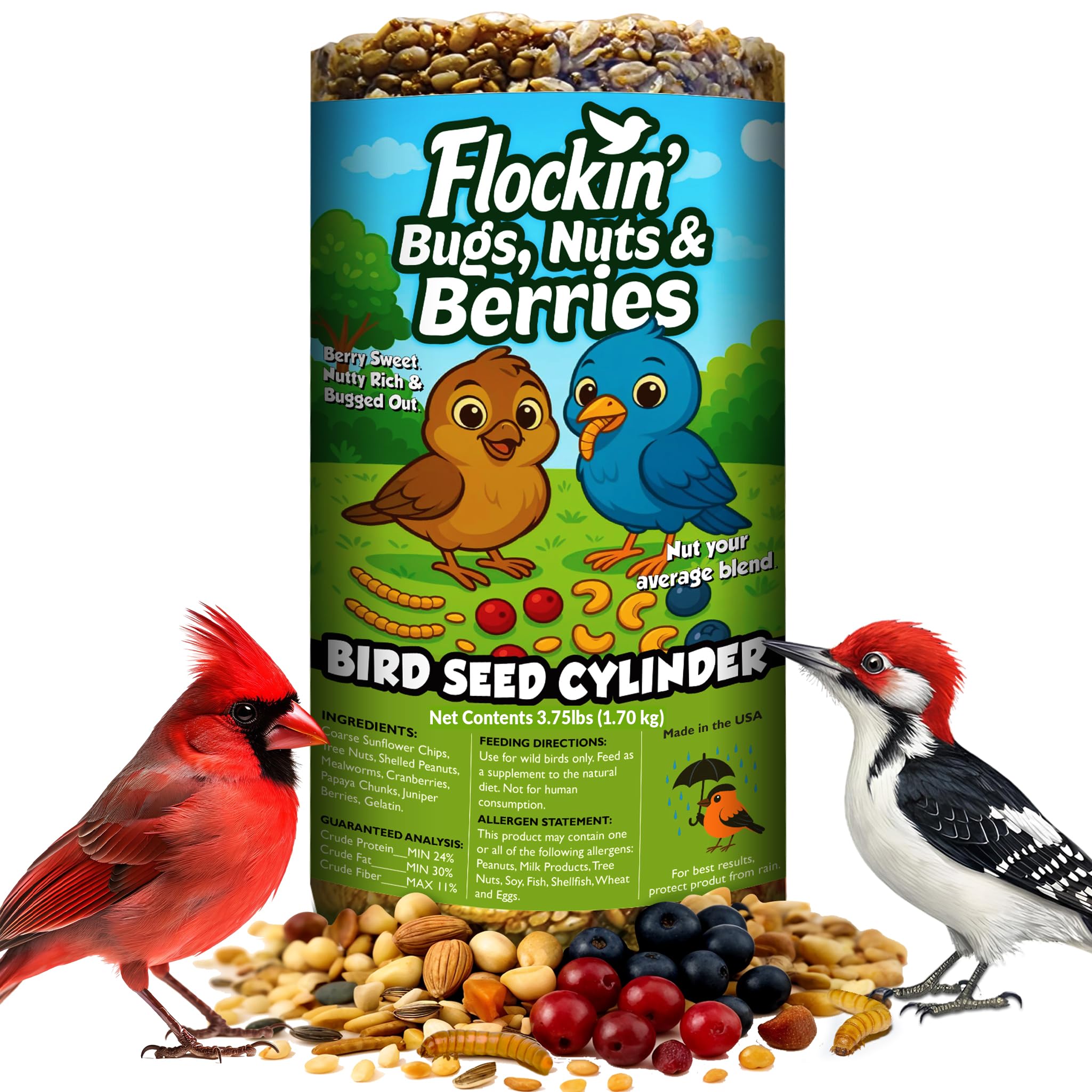 Flockin seed cylinder with hole attracting bluebirds and woodpeckers for steady feeding.