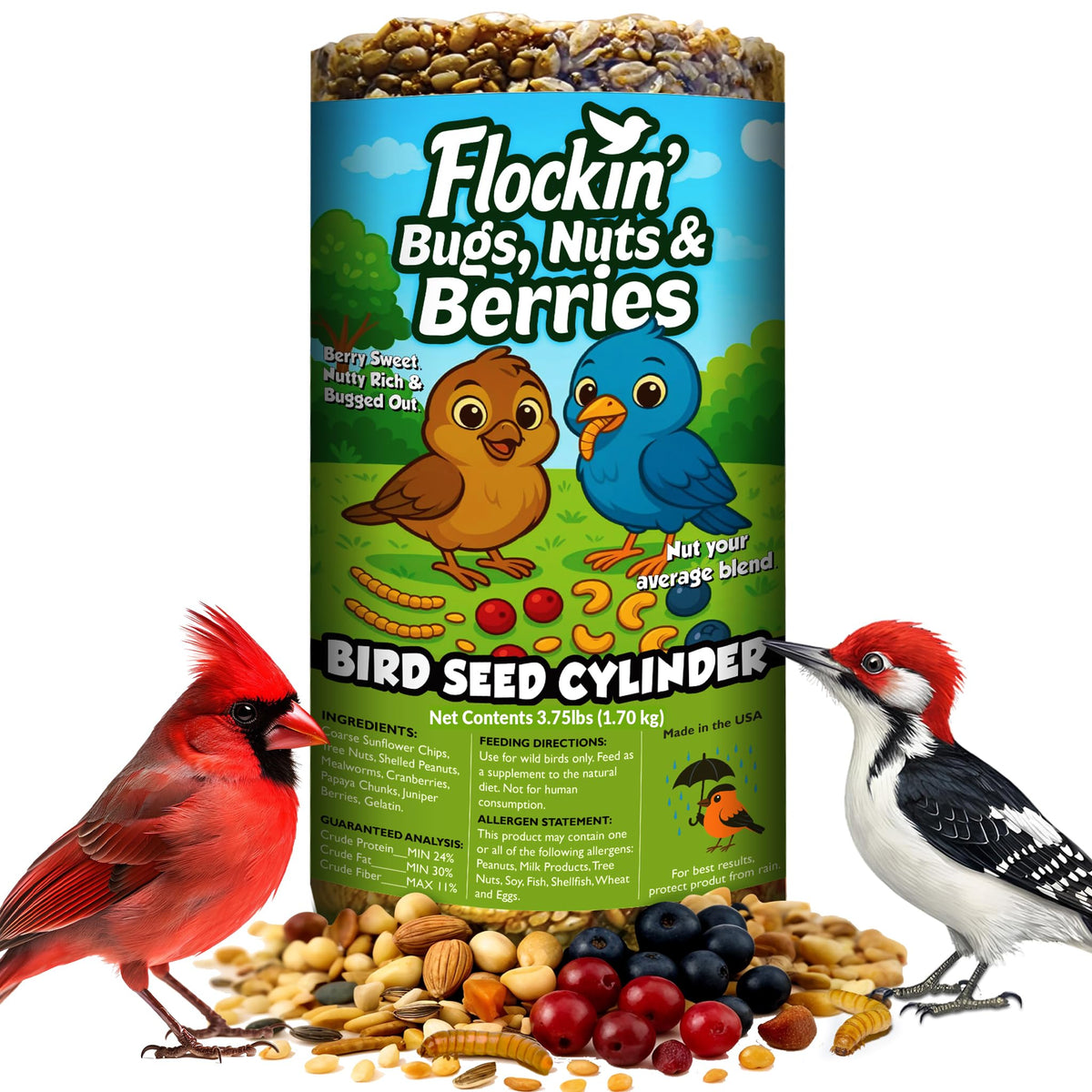 Flockin seed cylinder with hole attracting bluebirds and woodpeckers for steady feeding.