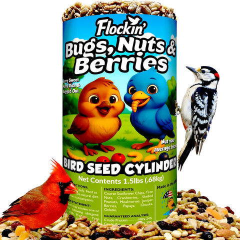Flockin' Bugs Nuts and Berries seed cylinder with hole ready for rod feeders.