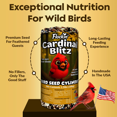 Flockin' Cardinal feeder setup demonstrates long-lasting, mess-free seed supply.