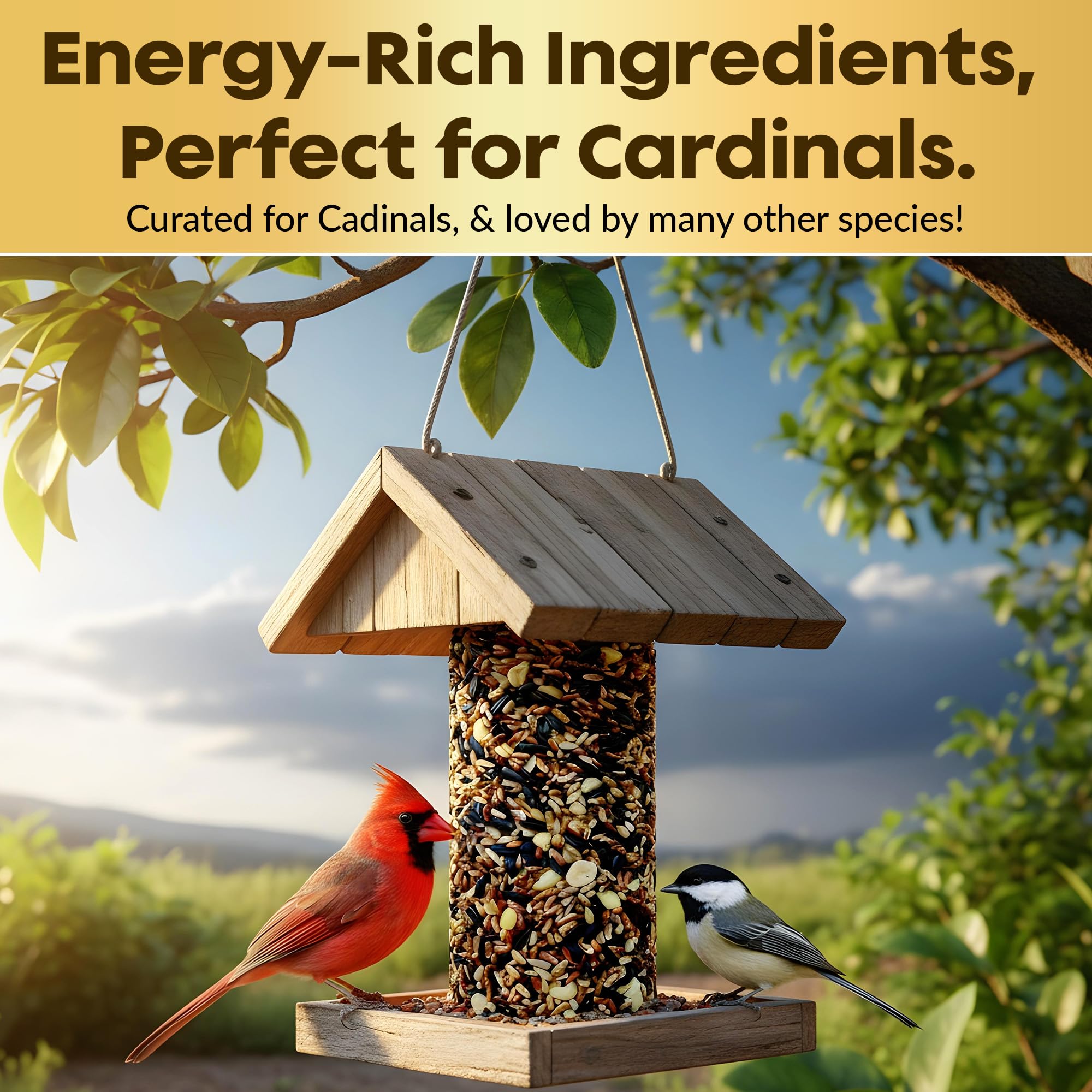 Flockin' Cardinal chips, nuts, and mealworms featured in the blend.