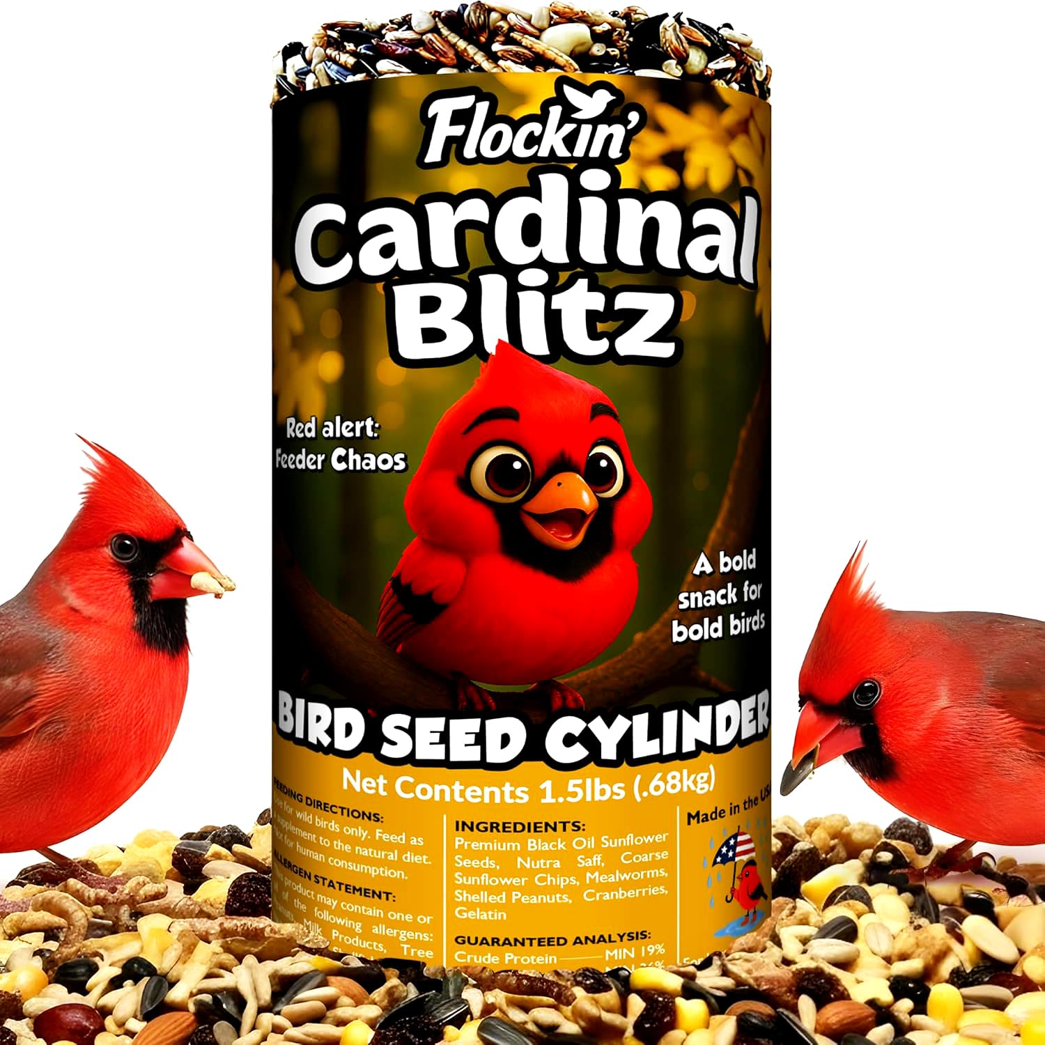 Flockin' Cardinal Cylinder with Hole front view for easy feeding.